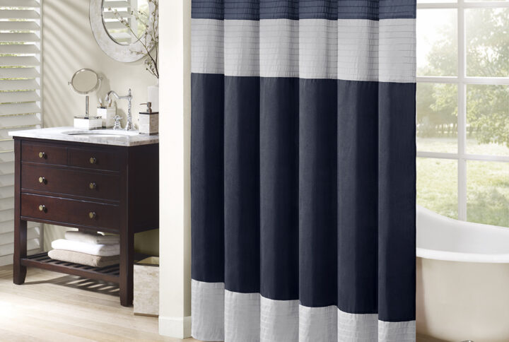 Amherst Faux Silk Shower Curtain in Navy From Madison Park