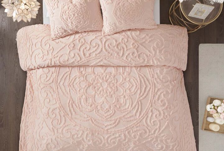 Laetitia 3-Piece Tufted Cotton Chenille Medallion Duvet Cover Set in Blush From Madison Park