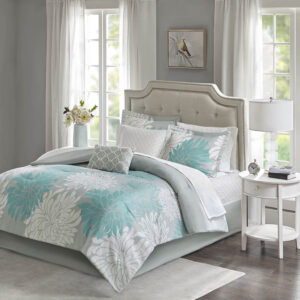 Maible 9 Piece Comforter Set with Cotton Bed Sheets in Aqua From Madison Park Essentials