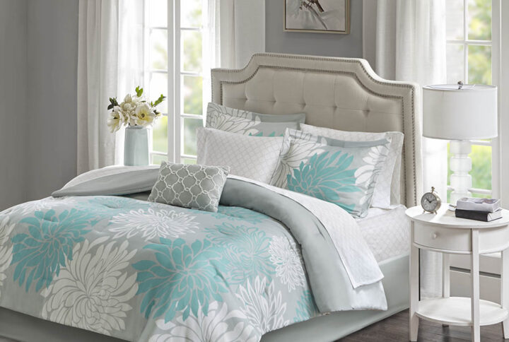 Maible 9 Piece Comforter Set with Cotton Bed Sheets in Aqua From Madison Park Essentials