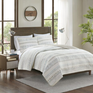 Fraser 3 Piece Printed Microfiber Seersucker Quilt Set in Taupe/Blue From Madison Park