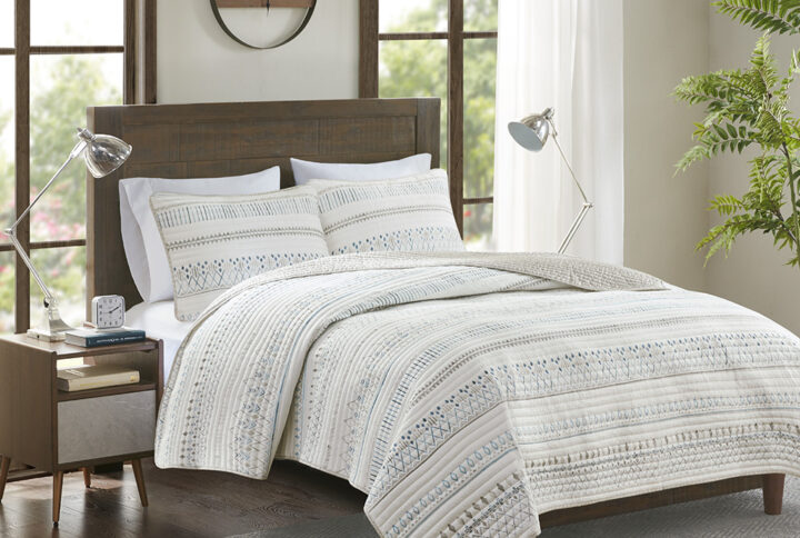 Fraser 3 Piece Printed Microfiber Seersucker Quilt Set in Taupe/Blue From Madison Park