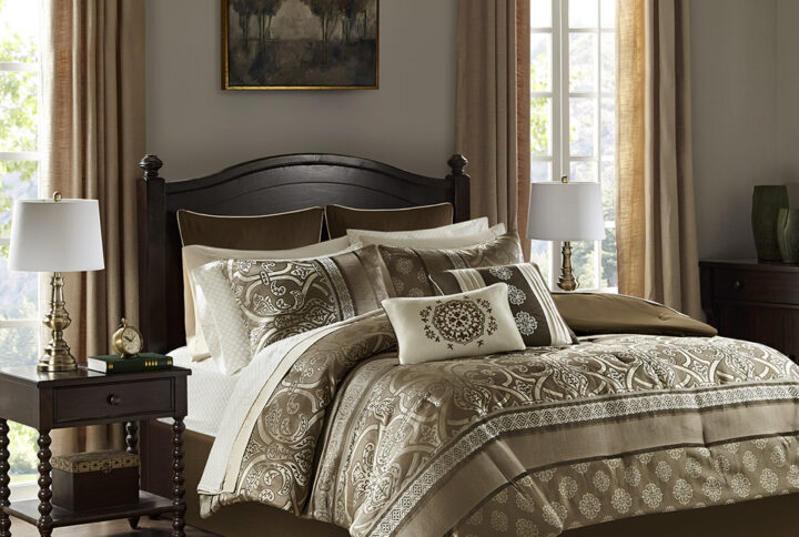 Zara 16 Piece Jacquard Comforter Set with 2 Bed Sheet Sets in Brown From Madison Park Essentials