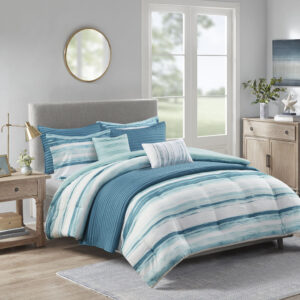 Marina 8 Piece Printed Seersucker Comforter and Quilt Set Collection in Aqua From Madison Park