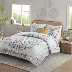 Gemma 4 Piece Floral Comforter Set with Throw Pillow in White/Multi From Madison Park