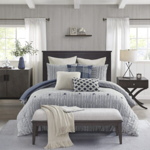 Essence Oversized Cotton Clipped Jacquard Comforter Set with Euro Shams and Throw Pillows in Blue From Madison Park Signature