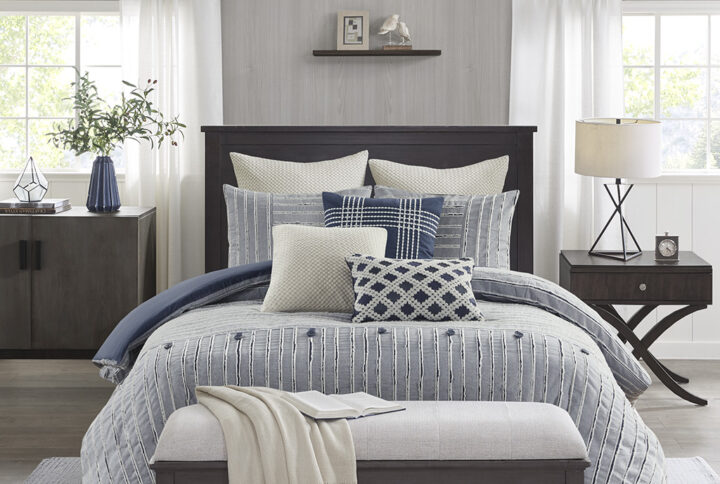 Essence Oversized Cotton Clipped Jacquard Comforter Set with Euro Shams and Throw Pillows in Blue From Madison Park Signature