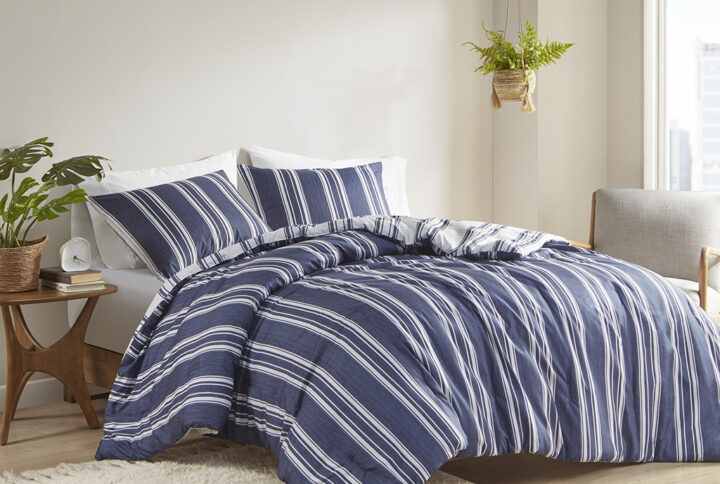 Cobi Striped Reversible Comforter Set in Navy From Intelligent Design