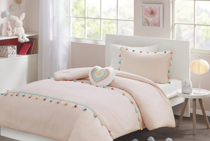 Tessa Tassel Comforter Set with Heart Shaped Throw Pillow in Blush From Mi Zone Kids