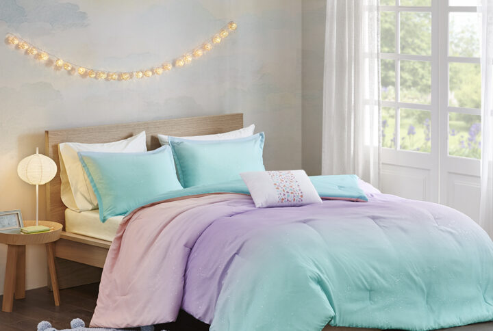 Glimmer Metallic Glitter Printed Reversible Comforter Set in Aqua From Mi Zone