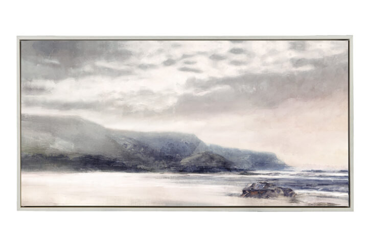 Moody Coast Hand Embellished Landscape Framed Canvas Wall Art in Blue/Pink From Madison Park