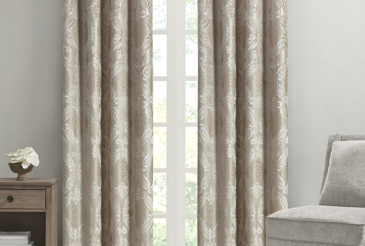 Amelia Knitted Jacquard Paisley Total Blackout Grommet Top Curtain Panel in Champagne From SunSmart