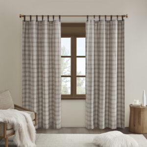 Anaheim Plaid Faux Leather Tab Top Curtain Panel with Fleece Lining in Brown From Madison Park