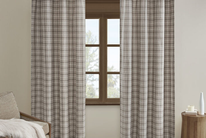 Anaheim Plaid Faux Leather Tab Top Curtain Panel with Fleece Lining in Brown From Madison Park