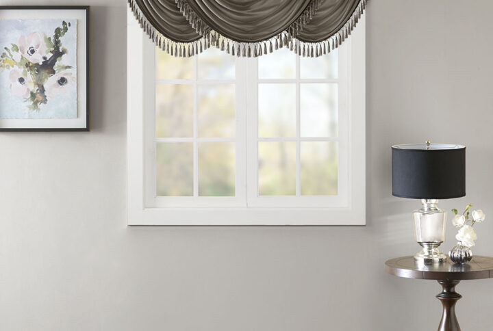 Elena Faux Silk Waterfall Embellished Valance in Pewter From Madison Park