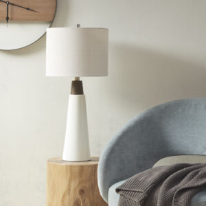 Tristan Triangular Ceramic and Wood Table Lamp in White Base/Cream Shade From INK+IVY