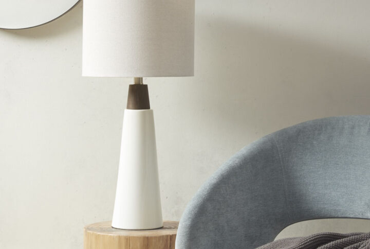 Tristan Triangular Ceramic and Wood Table Lamp in White Base/Cream Shade From INK+IVY