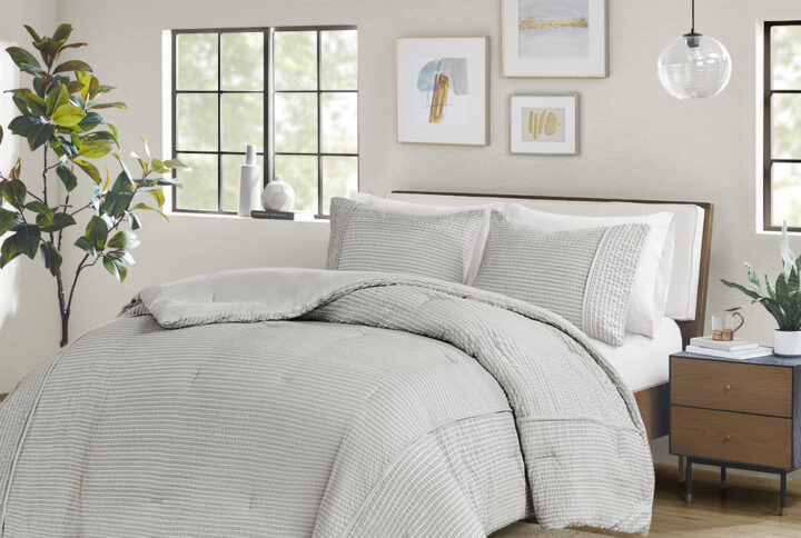 Apollo 3 Piece Striped Seersucker Oversized Comforter Set in Gray From Beautyrest