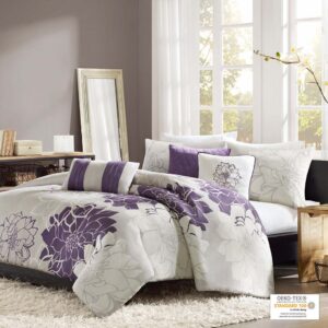 Lola 6 Piece Printed Duvet Cover Set in Taupe Grey/Purple From Madison Park