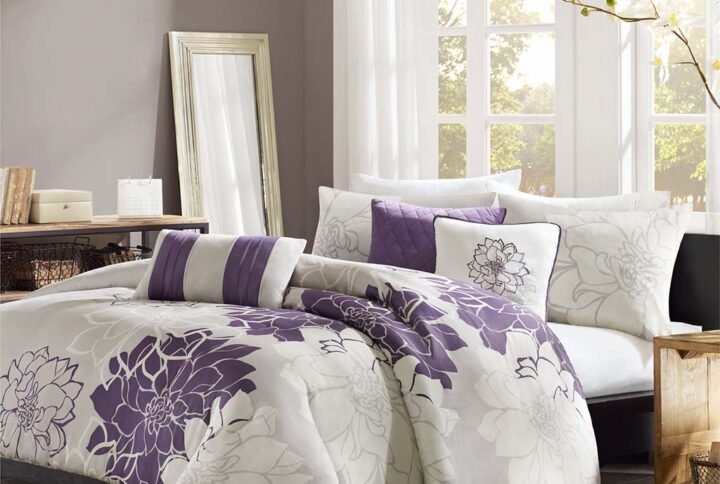 Lola 6 Piece Printed Duvet Cover Set in Taupe Grey/Purple From Madison Park