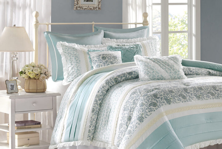 Dawn 9 Piece Cotton Percale Comforter Set in Aqua From Madison Park