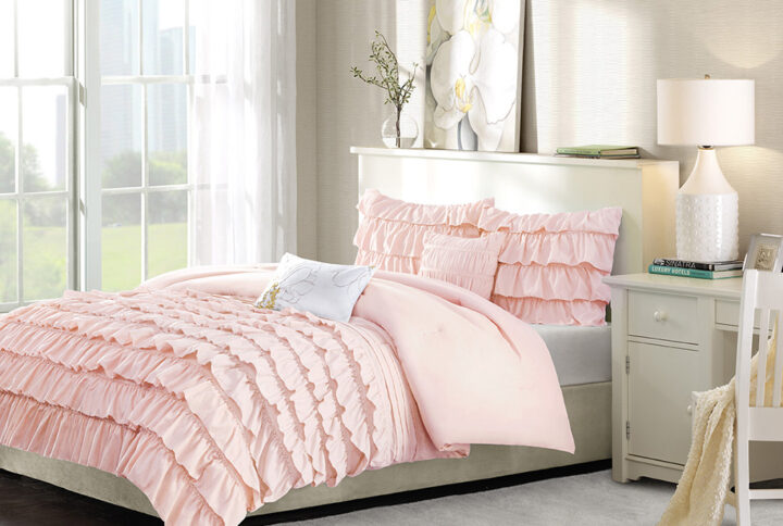 Waterfall Ruffle Comforter Set in Blush From Intelligent Design