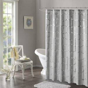 Raina Printed Metallic Shower Curtain in Grey/Silver From Intelligent Design