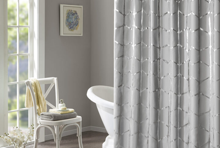 Raina Printed Metallic Shower Curtain in Grey/Silver From Intelligent Design