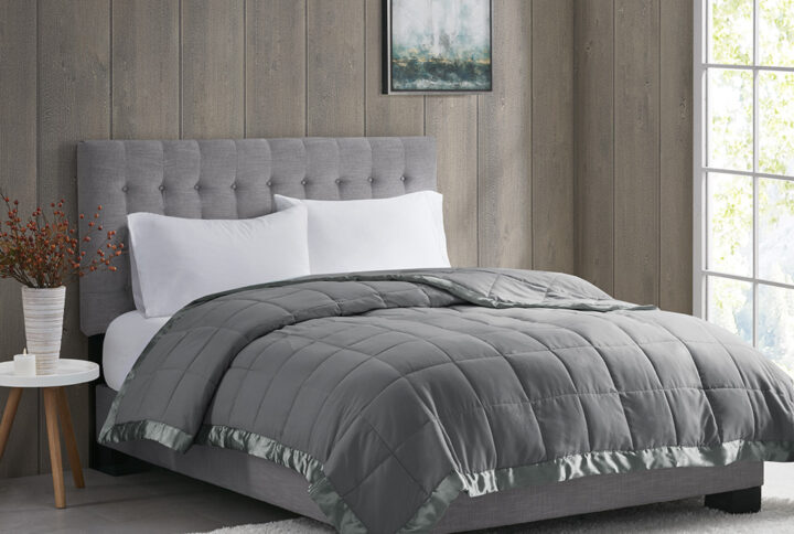 Windom Lightweight Down Alternative Blanket with Satin Trim in Charcoal From Madison Park