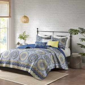 Tangiers 6 Piece Reversible Quilt Set with Throw Pillows in Blue From Madison Park