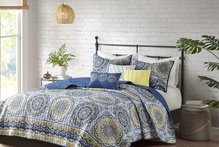 Tangiers 6 Piece Reversible Quilt Set with Throw Pillows in Blue From Madison Park