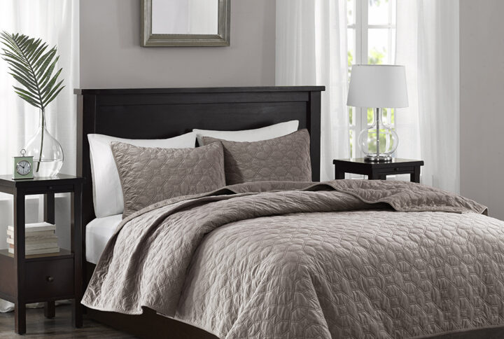 Harper 3 Piece Velvet Quilt Set in Taupe From Madison Park