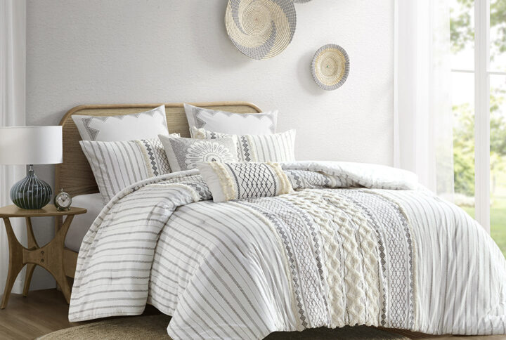 Imani Cotton Printed Comforter Set with Chenille in Ivory From INK+IVY