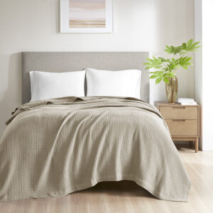 Cotton Waffle Weave Cotton Blanket in Khaki From Beautyrest