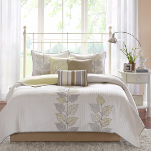 Caelie 6 Piece Embroidered Quilt Set with Throw Pillows in Yellow From Madison Park