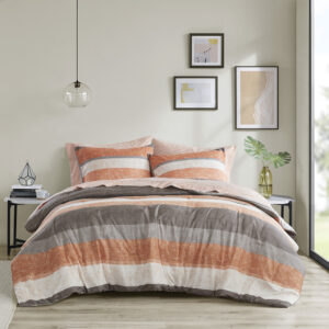 Jaxon Stripe Comforter Set with Bed Sheets in Coral/Grey From Madison Park Essentials