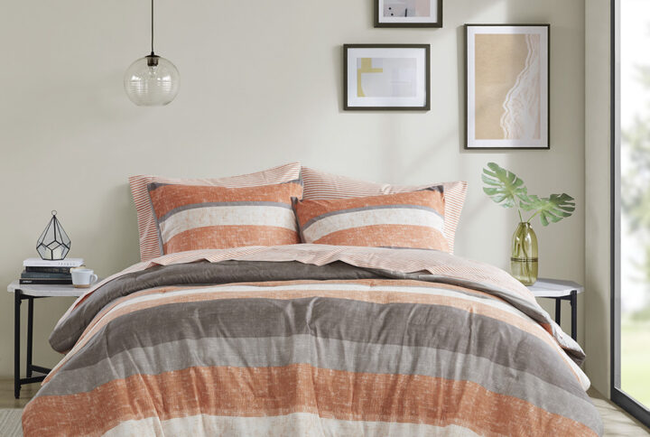 Jaxon Stripe Comforter Set with Bed Sheets in Coral/Grey From Madison Park Essentials