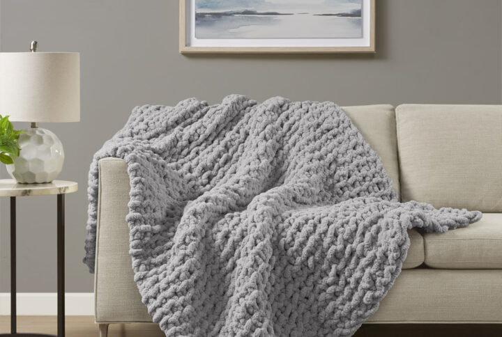 Chenille Chunky Knit Throw in Grey From Madison Park