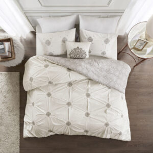 Malia 4 Piece Embroidered Cotton Reversible Duvet Cover Set in Ivory From Madison Park