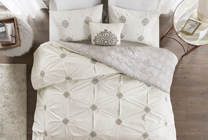 Malia 4 Piece Embroidered Cotton Reversible Duvet Cover Set in Ivory From Madison Park