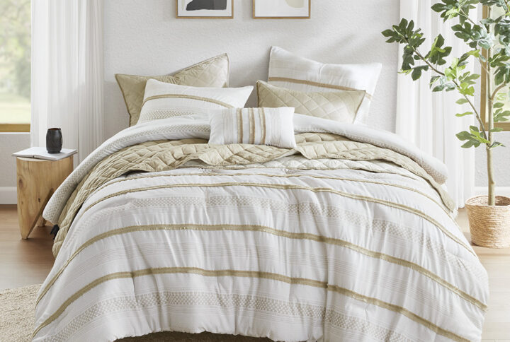 Carolina 7 Piece Stripe Comforter and Quilt Set in Taupe From Madison Park