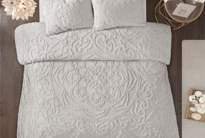 Laetitia 3-Piece Tufted Cotton Chenille Medallion Duvet Cover Set in Grey From Madison Park