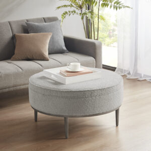 Harriet Upholstered Round Cocktail Ottoman with Metal Base 34" Dia in Grey From Madison Park