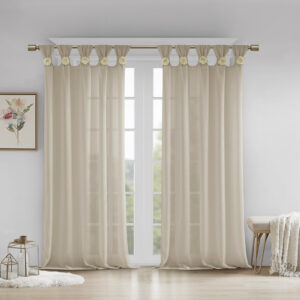 Rosette Floral Embellished Cuff Tab Top Solid Curtain Panel in Linen From Madison Park