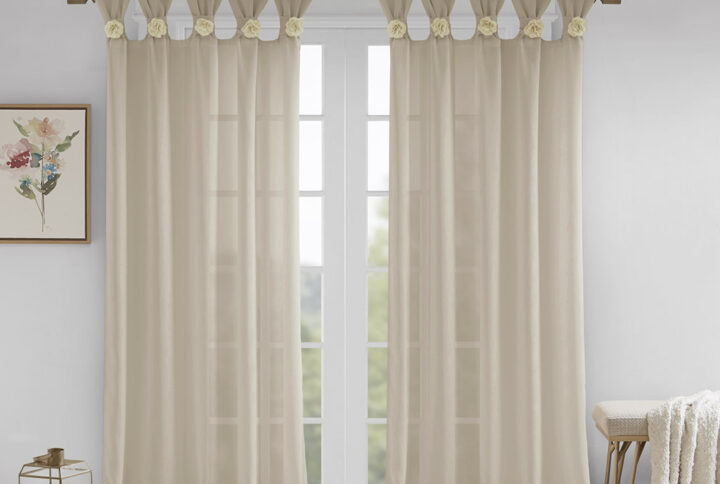 Rosette Floral Embellished Cuff Tab Top Solid Curtain Panel in Linen From Madison Park