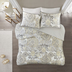 Isla 3 Piece Cotton Floral Printed Reversible Duvet Cover Set in Yellow From Madison Park