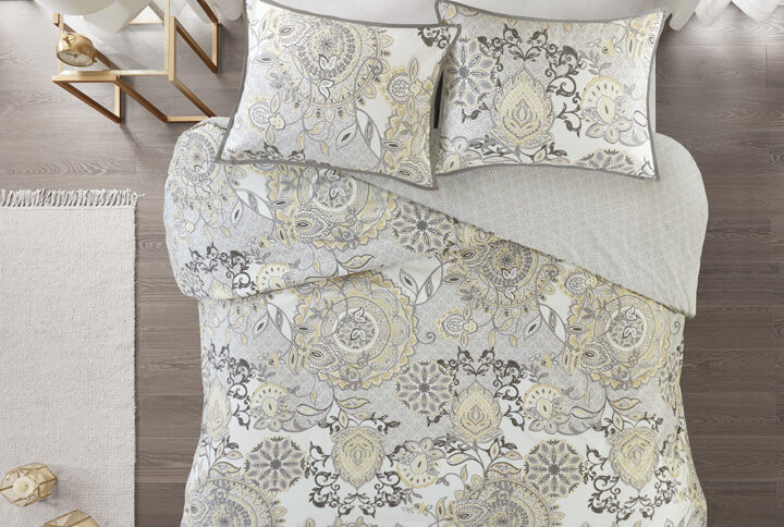 Isla 3 Piece Cotton Floral Printed Reversible Duvet Cover Set in Yellow From Madison Park