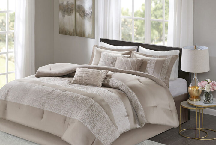 Ava 7 Piece Chenille Jacquard Comforter Set in Taupe From Madison Park