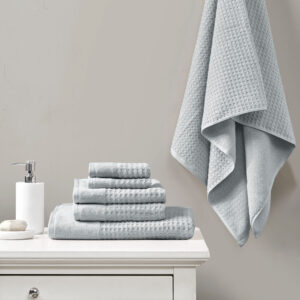 Spa Waffle Cotton Waffle Jacquard Antimicrobial Bath Towel 6 Piece Set in Blue From Madison Park