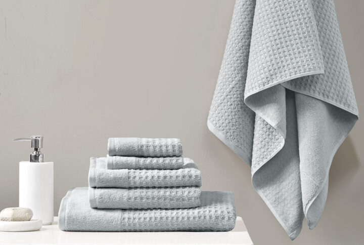 Spa Waffle Cotton Waffle Jacquard Antimicrobial Bath Towel 6 Piece Set in Blue From Madison Park